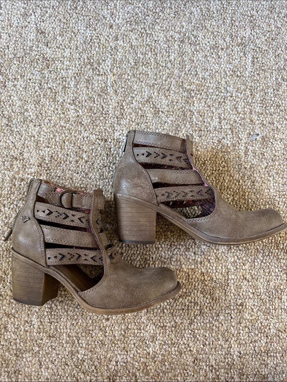 Roxy Taupe Cutout Block Heel Booties